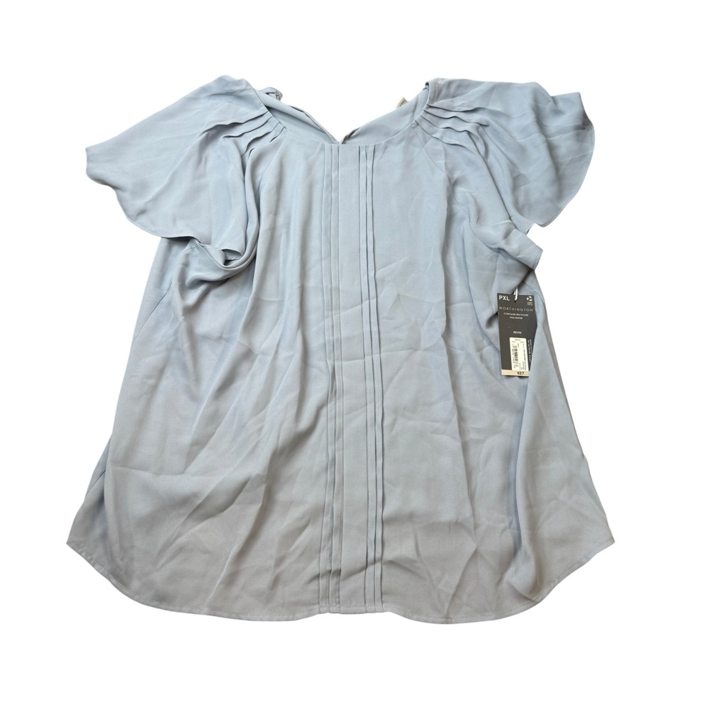 MSRP $37 Worthington Womens XL Petite Delft Blue Round Neck Blouse Short Sleeve